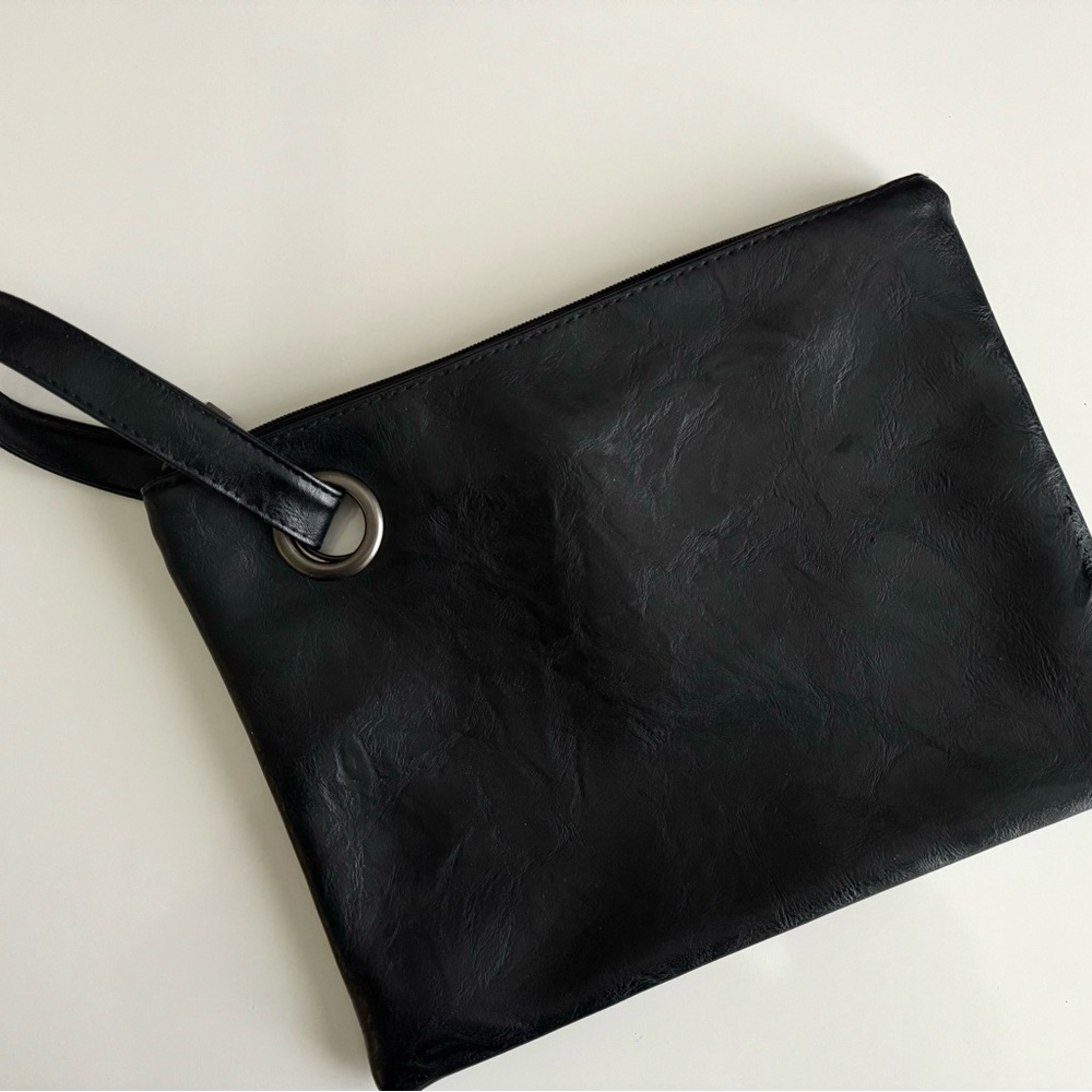 NWOT- black clutch with wrist strap